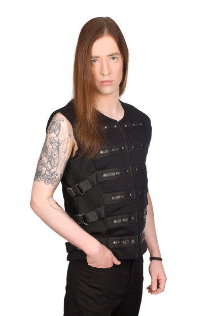 Schwarze Weste Button Vest Denim mit Nieten und Schnallen von Black Pistol