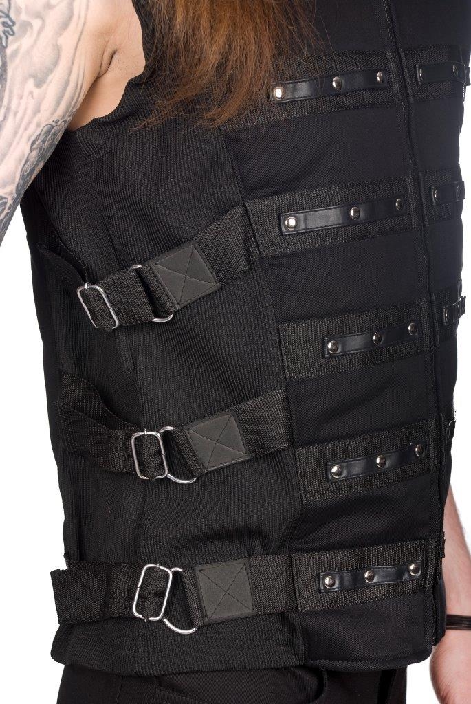 Schwarze Weste Button Vest Denim mit Nieten und Schnallen von Black Pistol