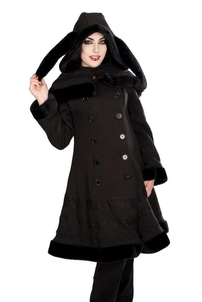 Schwarzer, flauschiger Mantel Ladys Cape Coat mit Rückenschnürung und Kapuzencape mit Hasenohren von Black Pistol