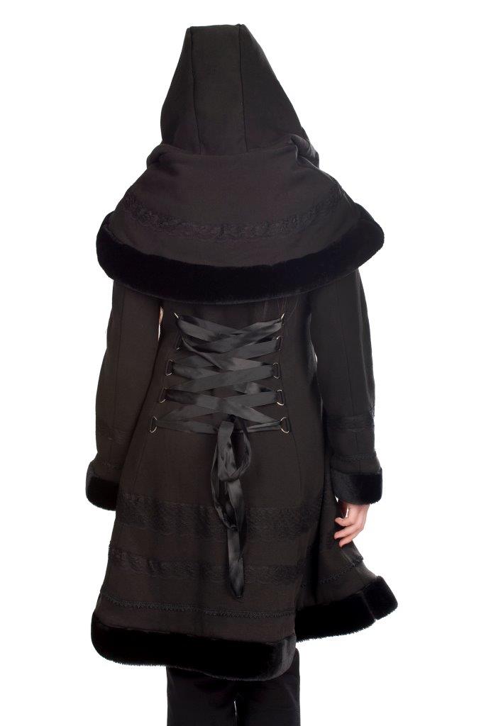 Schwarzer, flauschiger Mantel Ladys Cape Coat mit Rückenschnürung und Kapuzencape mit Hasenohren von Black Pistol