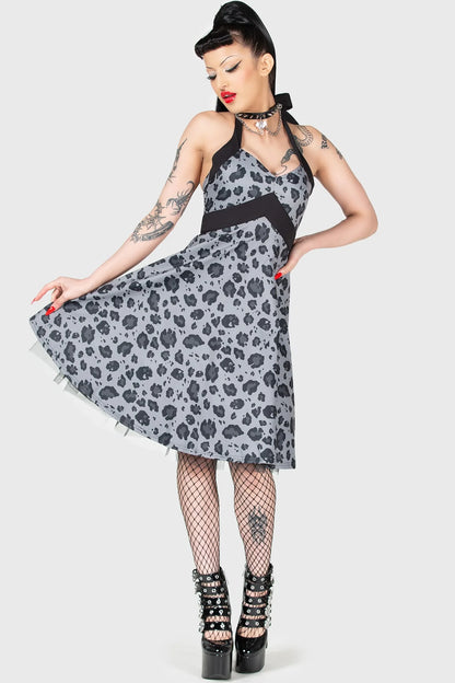 Graues, halblanges Kleid BACKSEAT BINGO SKATER DRESS mit schwarzem Leopardenmuster und integriertem Totenkopfprint von Killstar