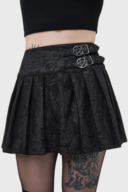 Schwarzer Minirock BAT GIRL SKIRT mit brokatartigem Stof und Pentagram-Schnallen von Killstar