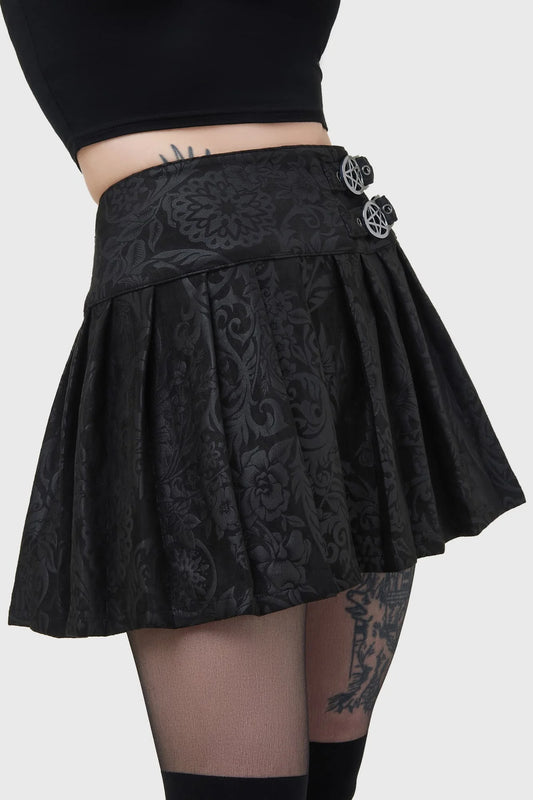 Schwarzer Minirock BAT GIRL SKIRT mit brokatartigem Stof und Pentagram-Schnallen von Killstar