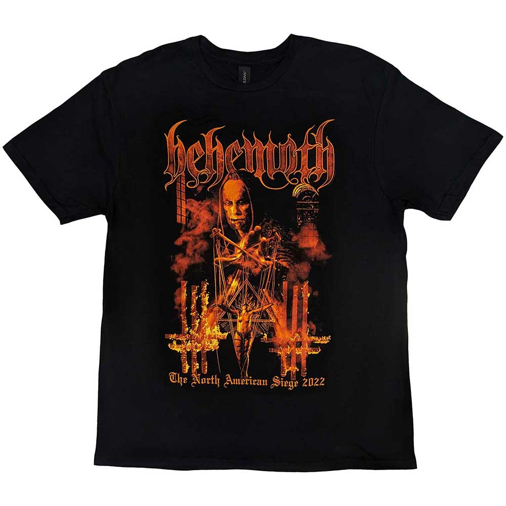 Lizensiertes Behemoth North American Tour '22 Puppet Master Bandshirt mit orangefarbendem Puppenspielerprint und Tourdaten auf Rückseite