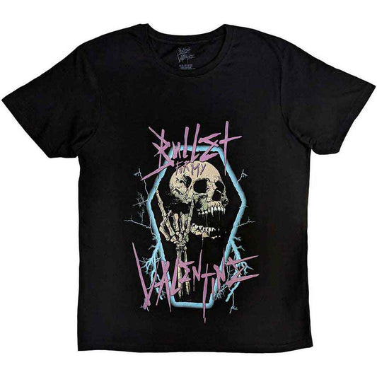 Lizensiertes Bullet For My Valentine Thrash Skull Bandshirt mit Totenkopf- und Sargprint im rosafarbenden und blauen Design