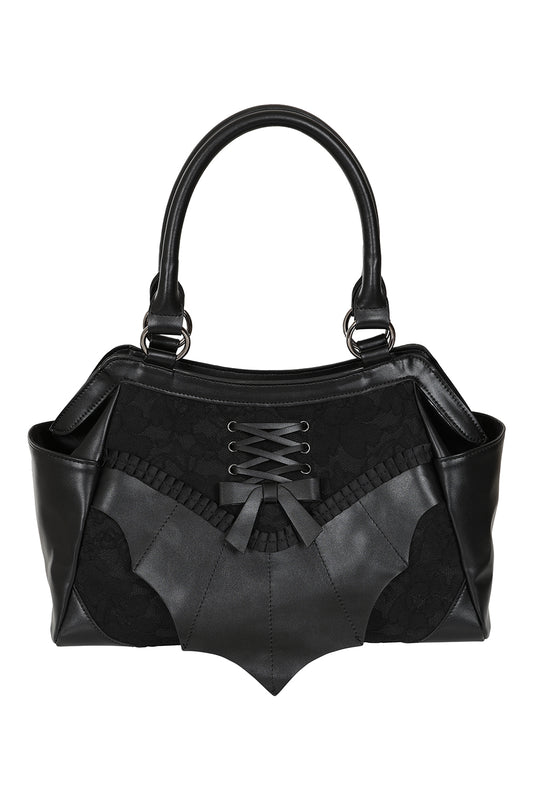 Frontansicht schwarze Tote Bag Morticia mit Fledermaus-Prägung und Schleife