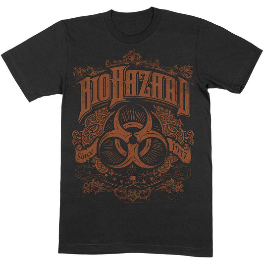Lizensiertes Biohazard Since1987 Bandshirt im orangefarbendem Design mit Logoprint