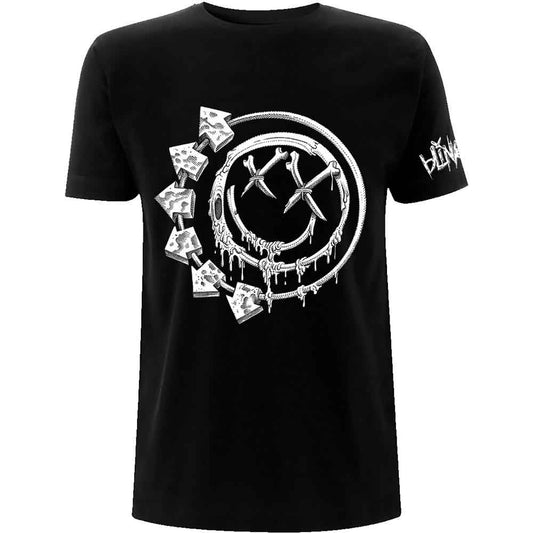 Lizensiertes schwarz-weißes Blink-182 Bones Bandshirt mit Bandlogoprint im Knochendesign