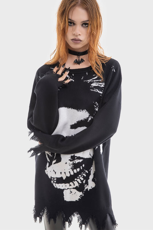 Schwarzer Strickpullover BLOOD SUCKER SWEATER mit weißem Totenkopfprint von Killstar