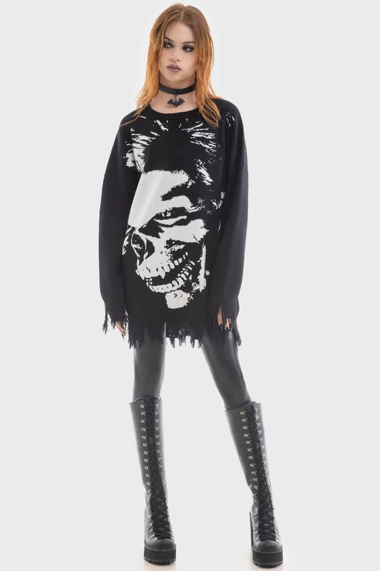 Schwarzer Strickpullover BLOOD SUCKER SWEATER mit weißem Totenkopfprint von Killstar