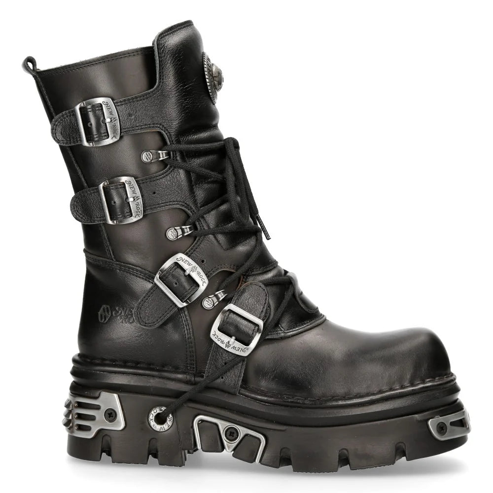 Schwarzer Stiefel aus Leder BOOTS REAKTOR BASIC mit vielen silberfarbenen Stahlelementen und Schnallen von NEW ROCK