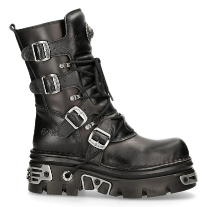 Schwarzer Stiefel aus Leder BOOTS REAKTOR BASIC mit vielen silberfarbenen Stahlelementen und Schnallen von NEW ROCK