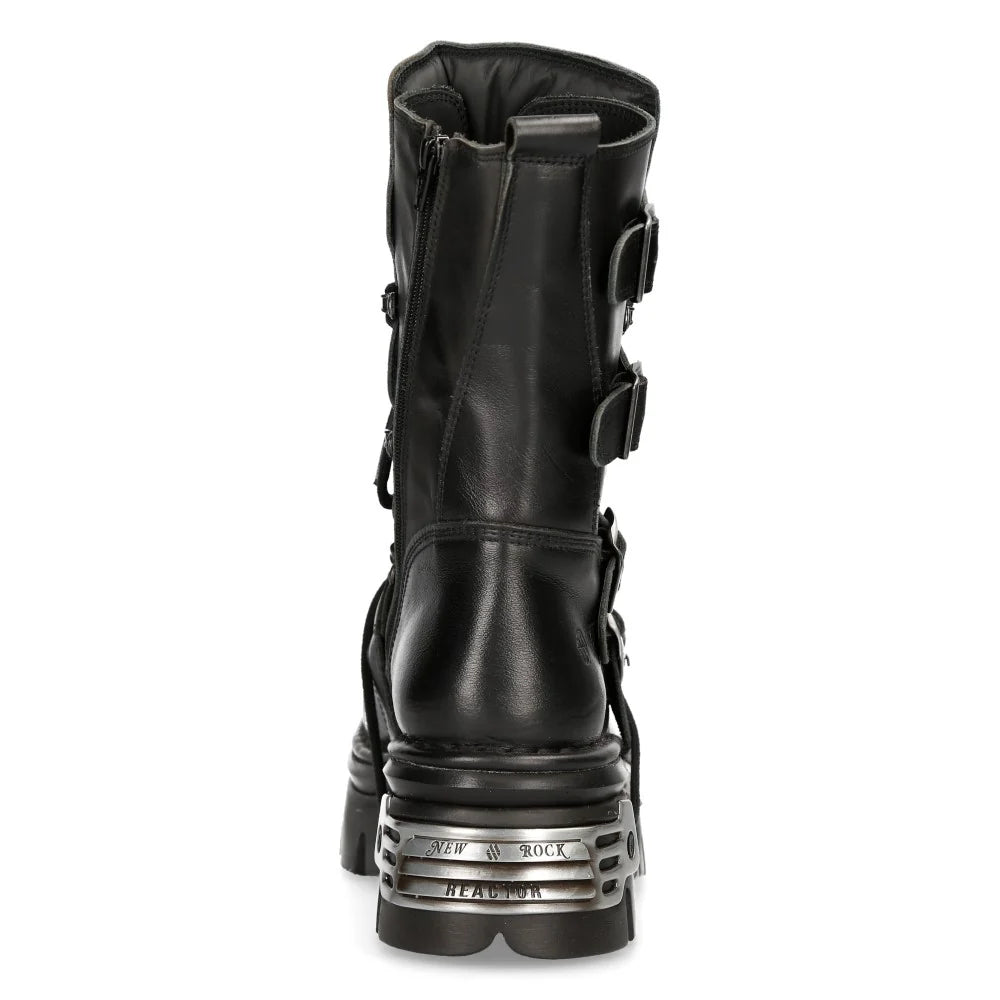 Schwarzer Stiefel aus Leder BOOTS REAKTOR BASIC mit vielen silberfarbenen Stahlelementen und Schnallen von NEW ROCK