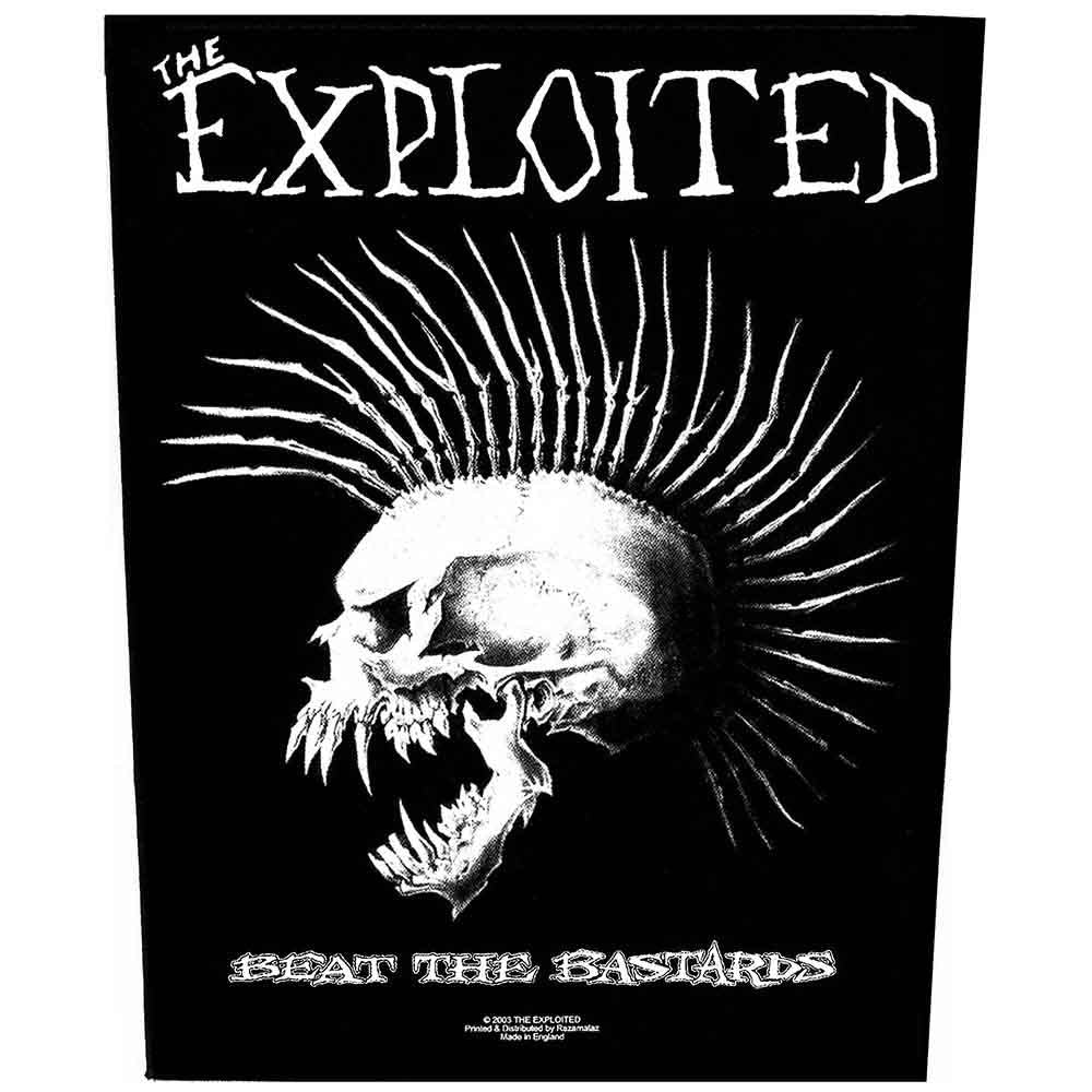 Großer, schwarz-weißer Aufnäher The Exploited Beat the Bastards Back Patch mit Irokesen-Totenkopfprint