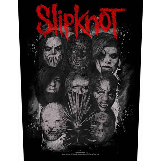 Großer, schwarz-weißer Aufnäher mit Gesichtern aller Bandmitglieder mit Masken und rotem Slipknot-Schriftzug