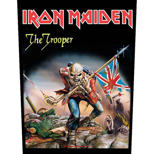 Großer, bunter Aufnäher Iron Maiden The Trooper Back Patch mit Zombie auf Schlachtfeld mit Waffen und England-Fahne