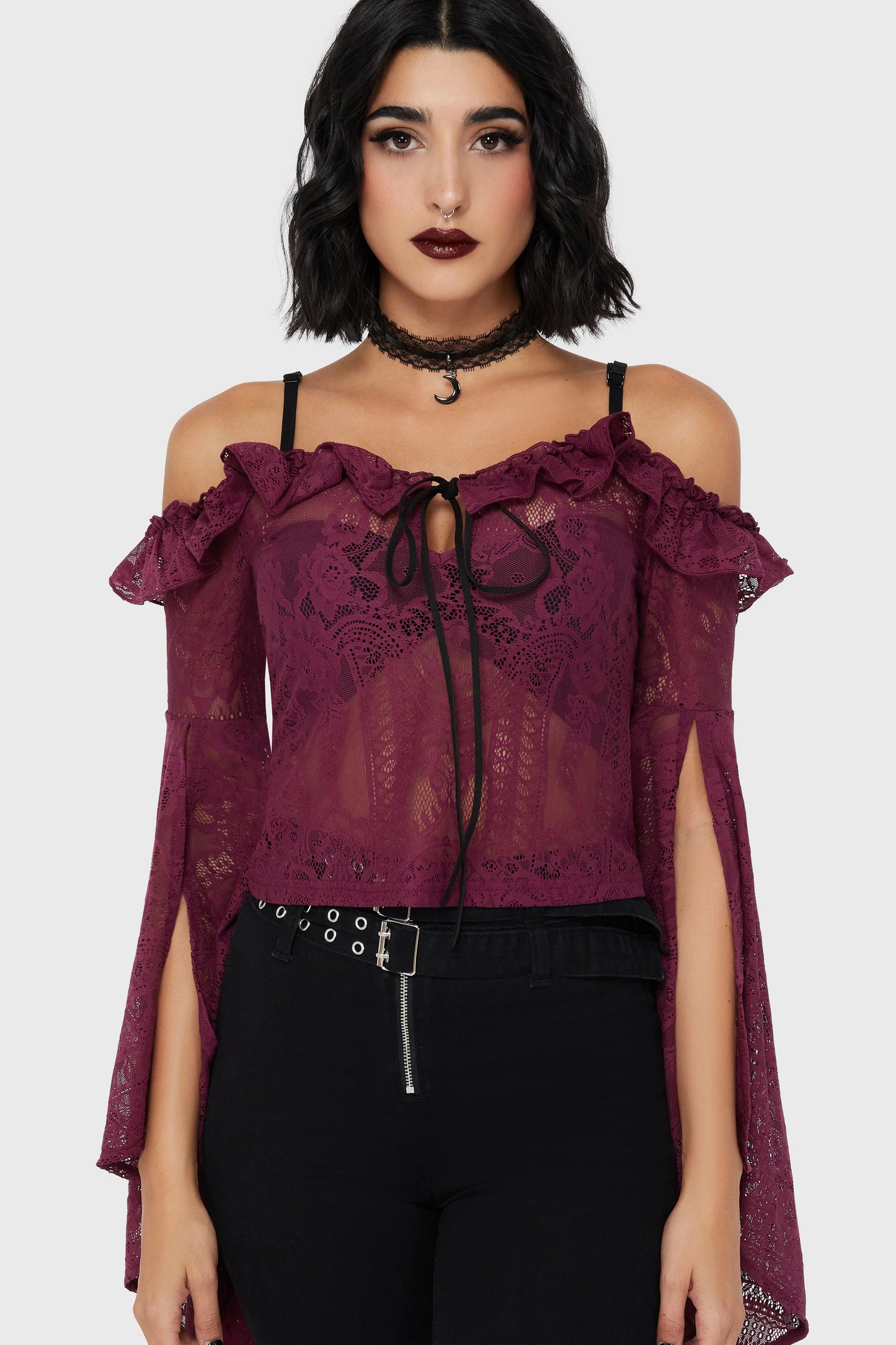 Killstar Breathless Lace Bardot Top Plum