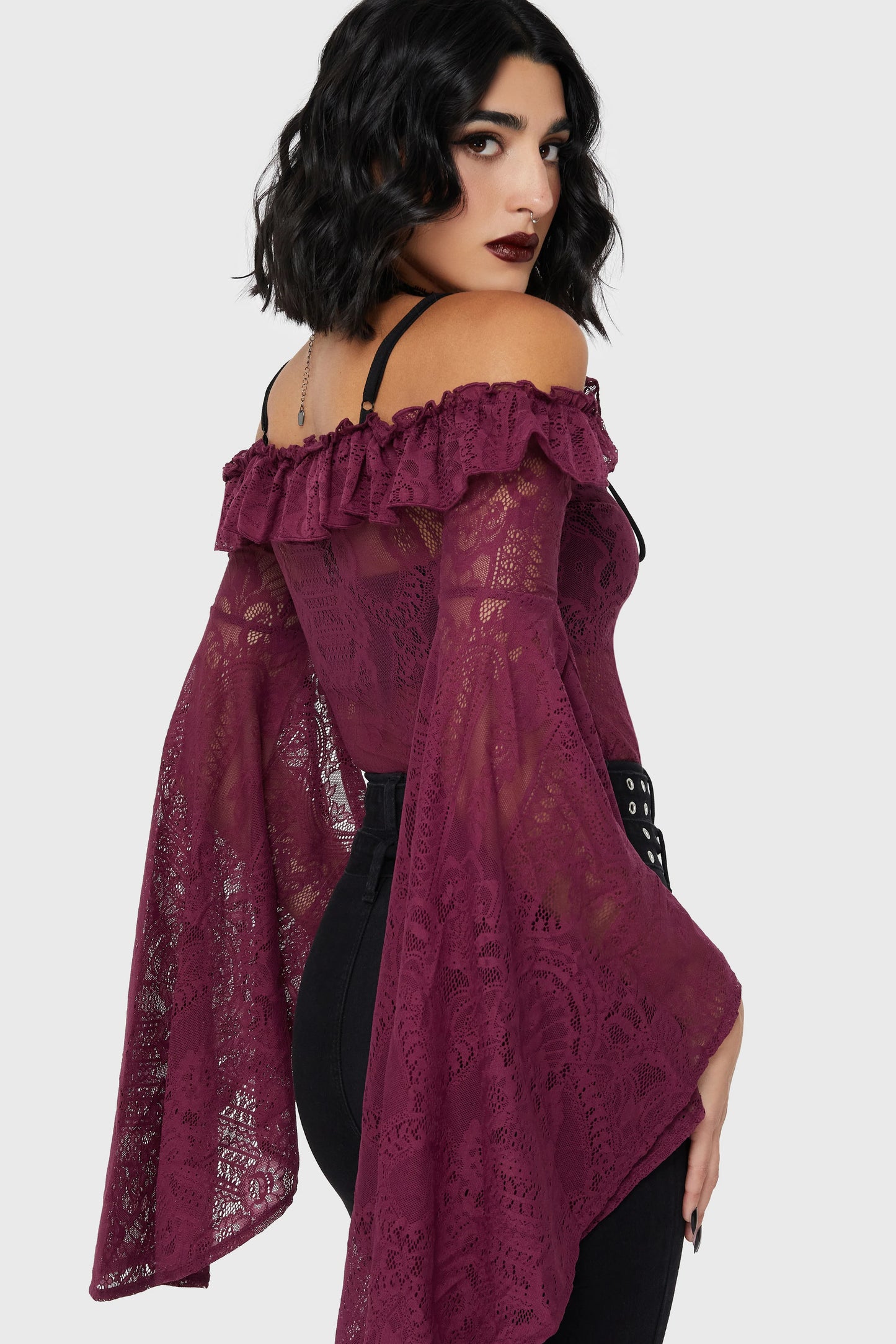 Killstar Breathless Lace Bardot Top Plum