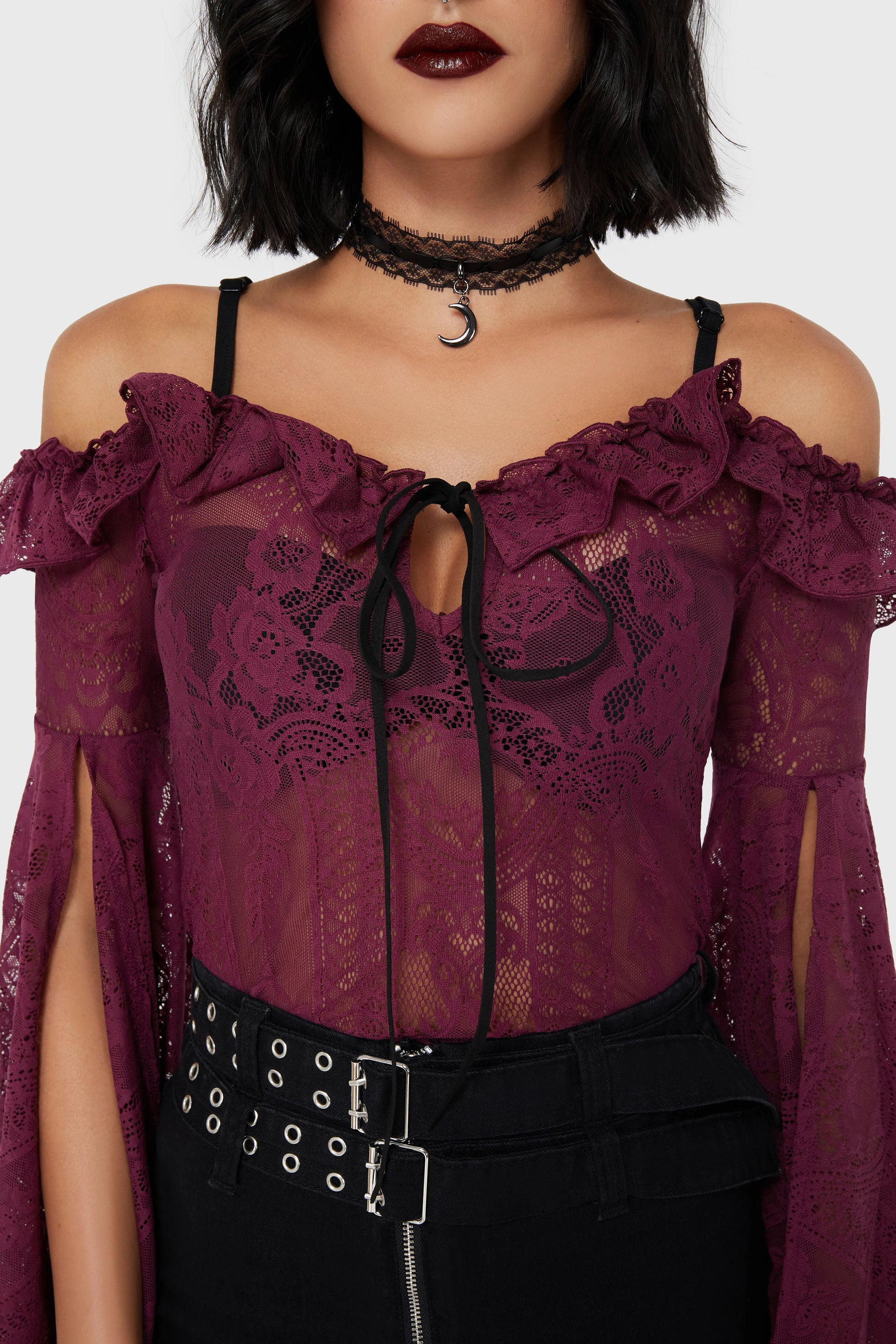 Killstar Breathless Lace Bardot Top Plum