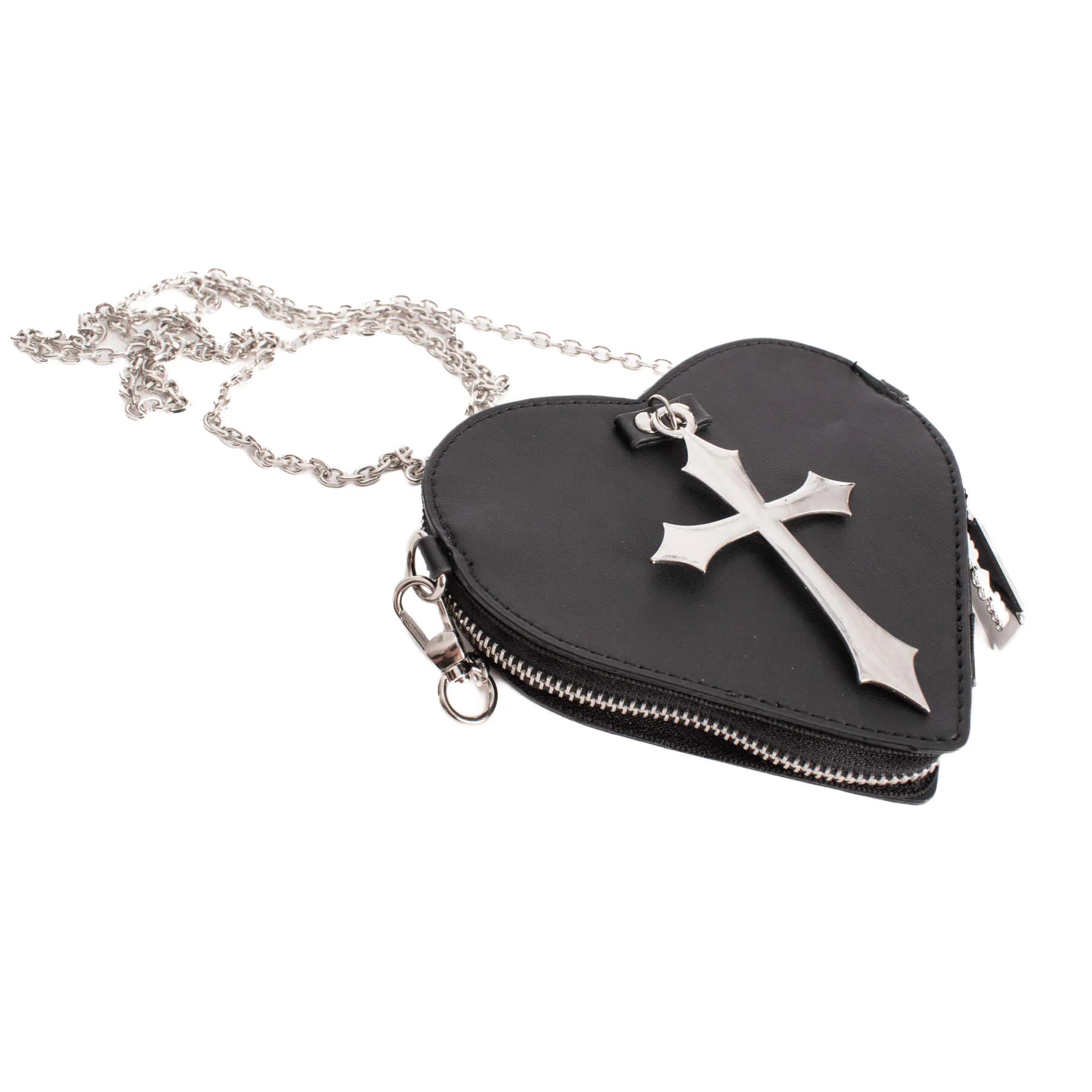 Schwarze Münzbörse FAITHLESS HEART COIN PURSE mit Kreuz an der Vorderseite von Poizen Industries