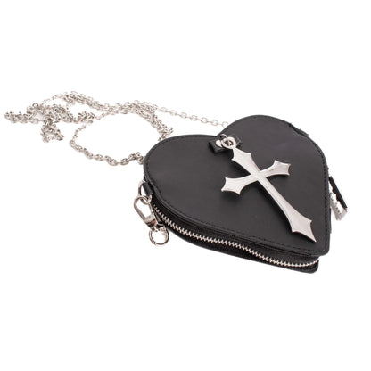 Schwarze Münzbörse FAITHLESS HEART COIN PURSE mit Kreuz an der Vorderseite von Poizen Industries