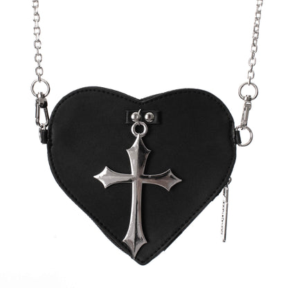 Schwarze Münzbörse FAITHLESS HEART COIN PURSE mit Kreuz an der Vorderseite von Poizen Industries