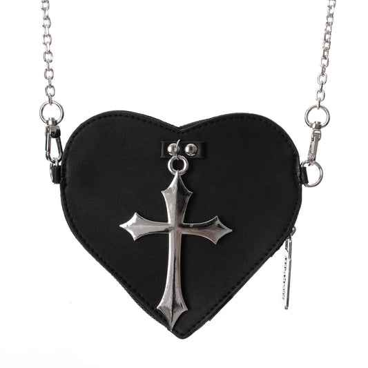 Schwarze Münzbörse FAITHLESS HEART COIN PURSE mit Kreuz an der Vorderseite von Poizen Industries