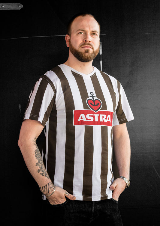 Weiß-braun-gestreiftes Shirt Traditions-Shirt mit Astra-Logo auf der Burst von St.Pauli