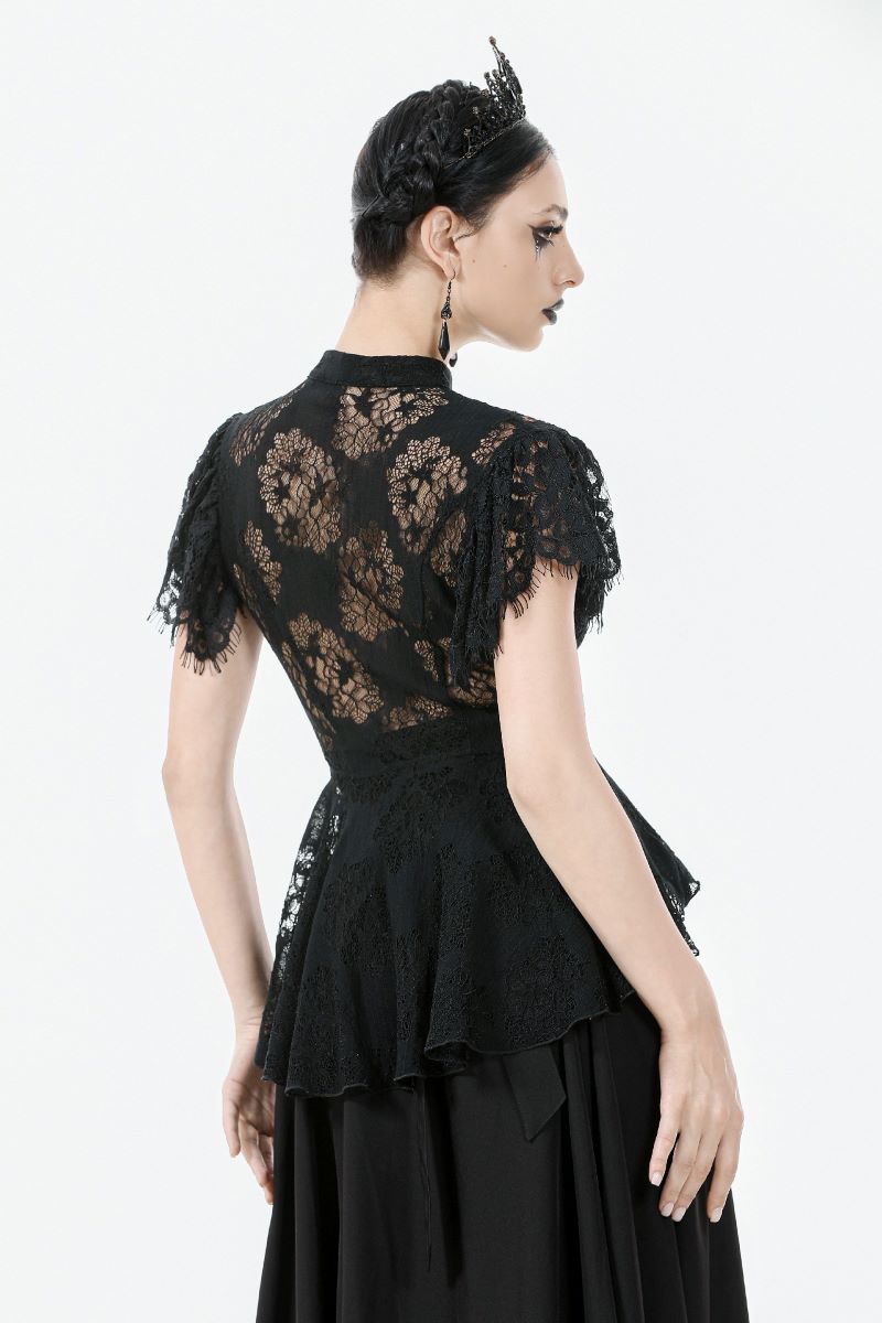 Schwarzes Shirt Black Blossom Lace Top mit Spitzenmuster von Dark In Love