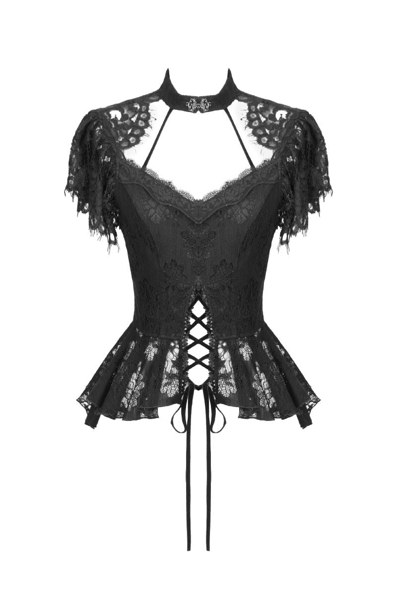 Schwarzes Shirt Black Blossom Lace Top mit Spitzenmuster von Dark In Love