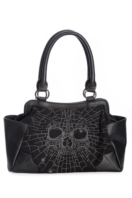 Schwarze Tasche Black ILLUSIONARY HANDBAG mit Spinnennetzprint in Totenkopfform von Banned