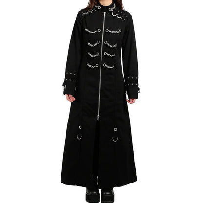 Schwarzer Mantel CHAIN LONG COAT mit Ketten an der Vorderseite mit Colours Branding
