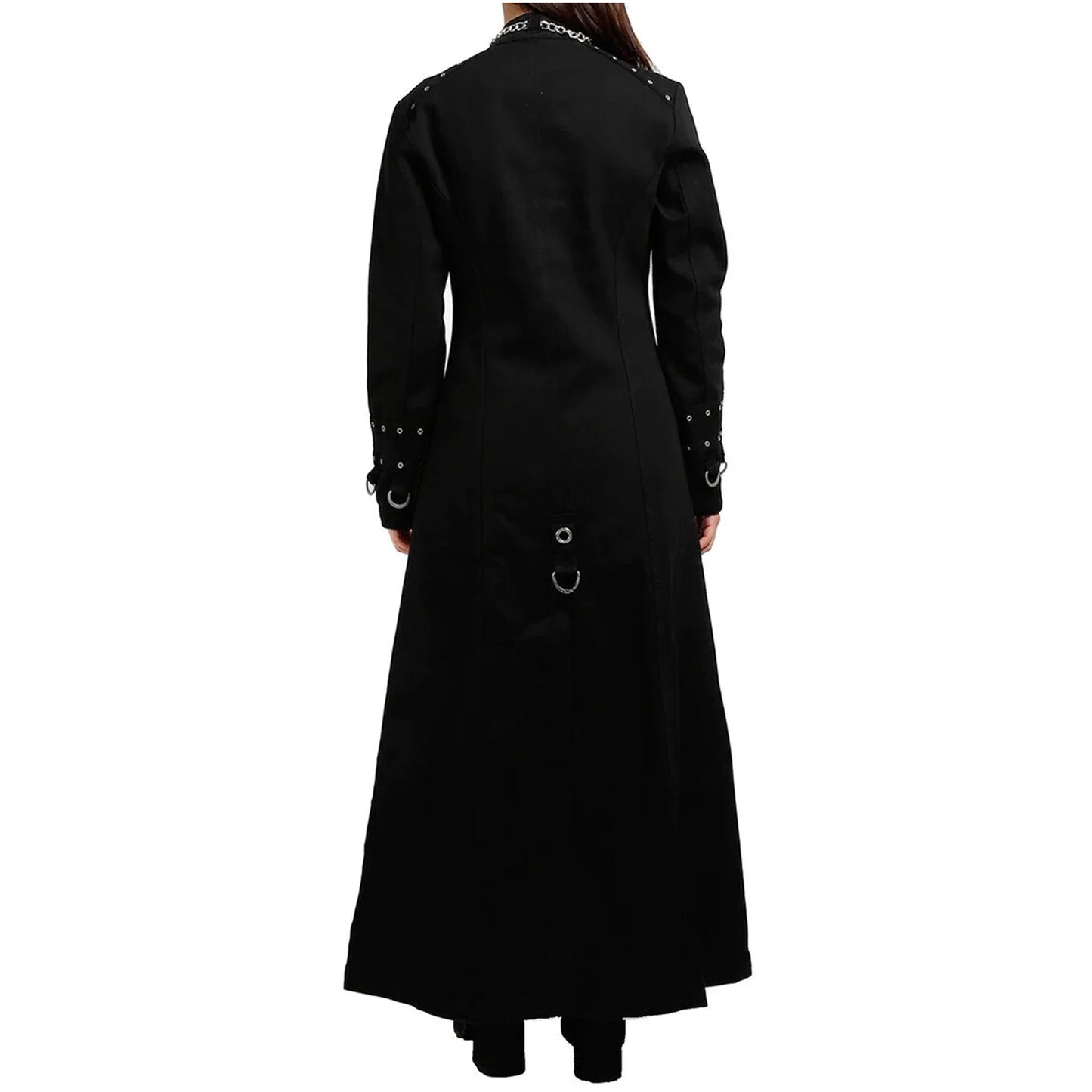 Schwarzer Mantel CHAIN LONG COAT mit Ketten an der Vorderseite mit Colours Branding