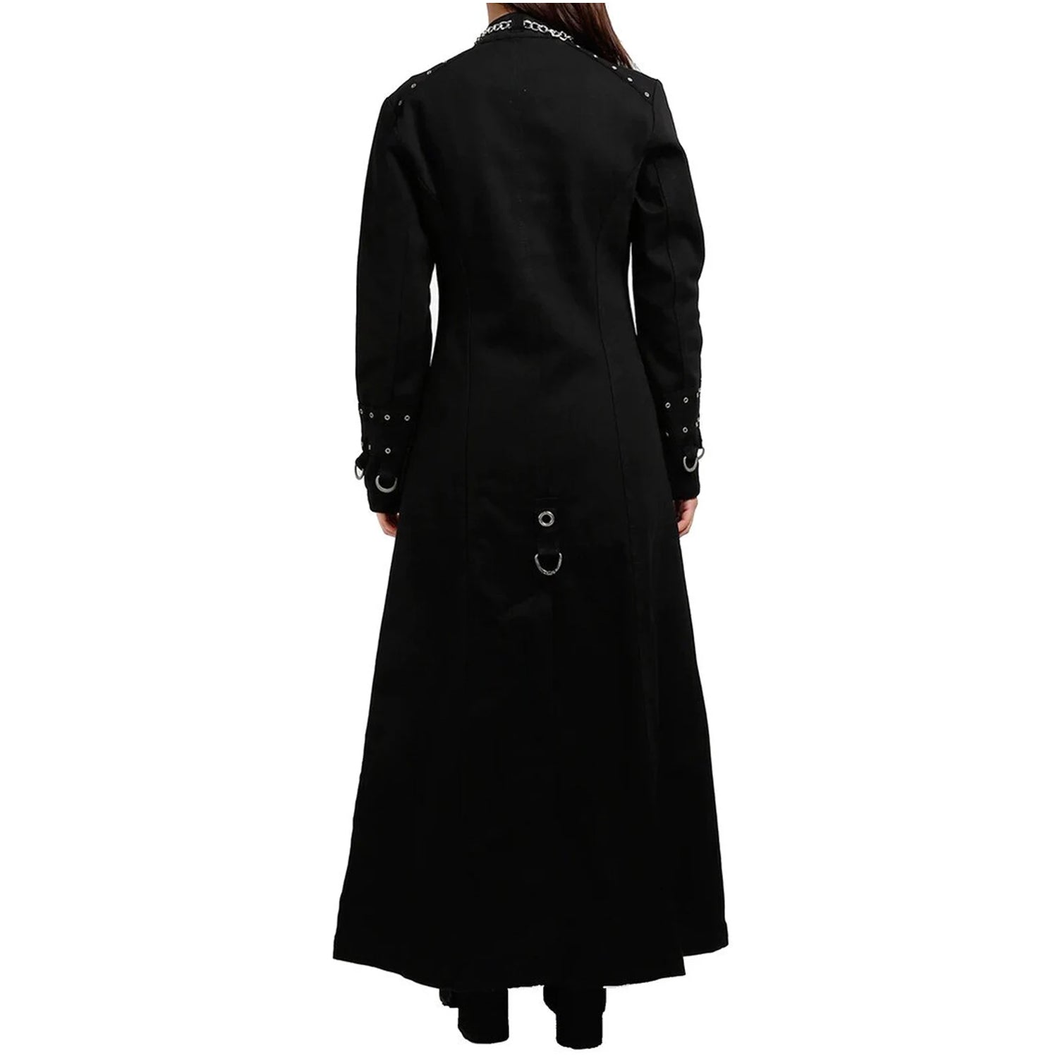Schwarzer Mantel CHAIN LONG COAT mit Ketten an der Vorderseite mit Colours Branding