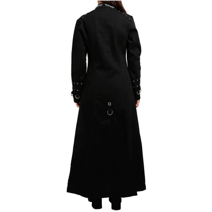 Schwarzer Mantel CHAIN LONG COAT mit Ketten an der Vorderseite mit Colours Branding
