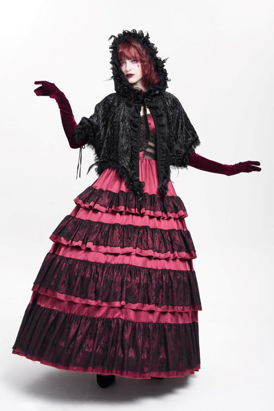 Schwarzes Gothic-Samtcape Dolly Darling Capelet mit Kapuze und Rüschenbesatz von Devil Fashion