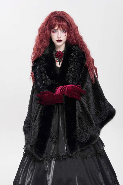 Romantisches Gothic-Capelet Black Roses Palace Pelerine mit Kunstpelzbesatz, 3D-Blumen, Federn und Spitzenstickerei von Devil Fashion