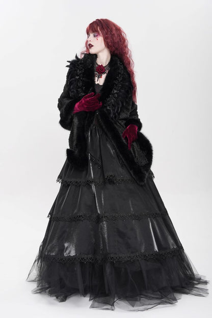 Romantisches Gothic-Capelet Black Roses Palace Pelerine mit Kunstpelzbesatz, 3D-Blumen, Federn und Spitzenstickerei von Devil Fashion