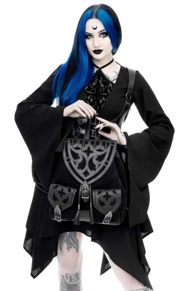Schwarzer Rucksack CATHEDRALIS BUCKLE BACKPACK mit Kathedralendesign von Restyle