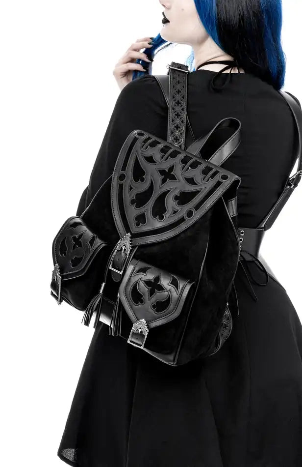 Schwarzer Rucksack CATHEDRALIS BUCKLE BACKPACK mit Kathedralendesign von Restyle