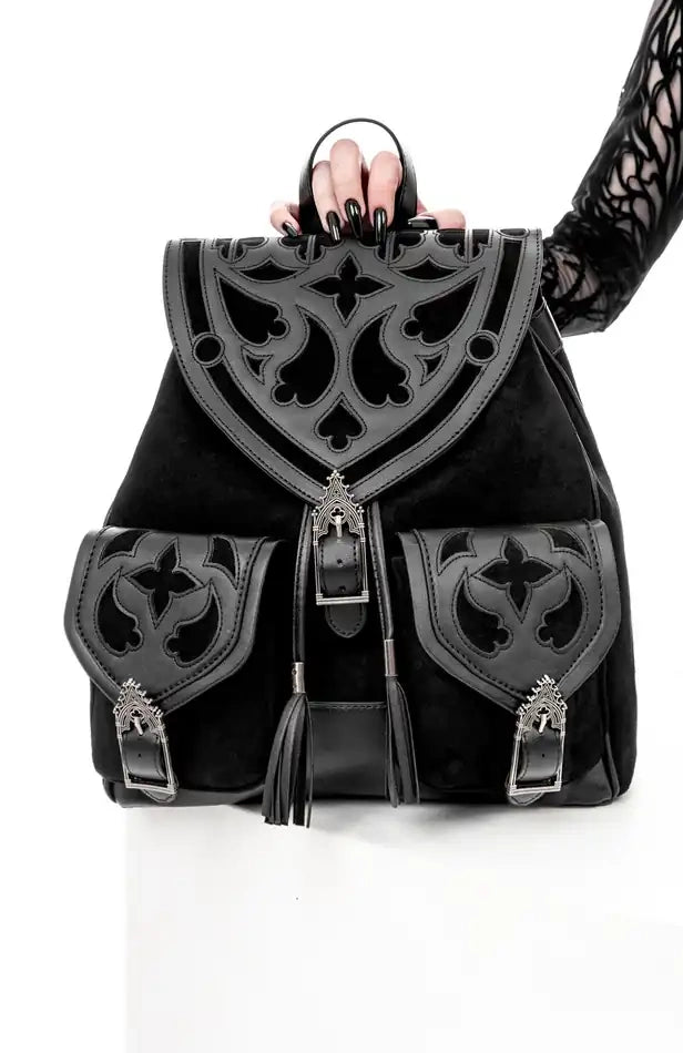 Schwarzer Rucksack CATHEDRALIS BUCKLE BACKPACK mit Kathedralendesign von Restyle