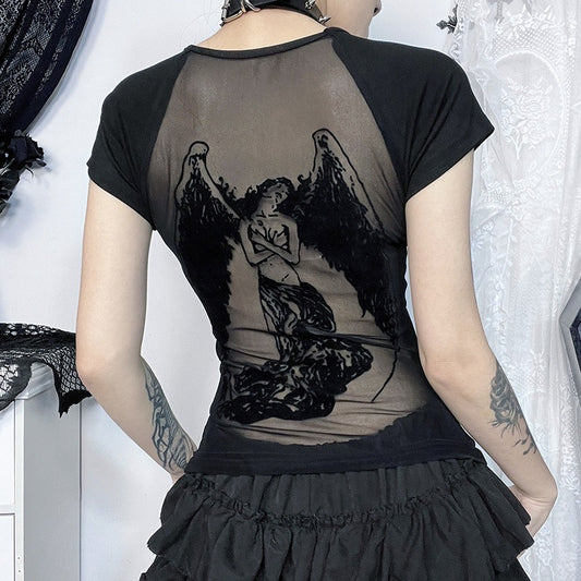 Schwarzes T-Shirt ENSEMBLE TOP mit Rücken aus transparentem Meshstoff und Engelsprint von Moon Attic