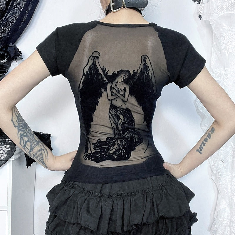 Schwarzes T-Shirt ENSEMBLE TOP mit Rücken aus transparentem Meshstoff und Engelsprint von Moon Attic