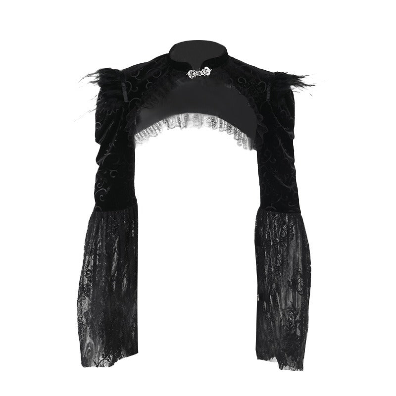 Schwarzes Samtoberteil VELVET FEATHER BOLERO mit weiten Spitzenärmeln und Federdetails auf den Schultern von Moon Attic