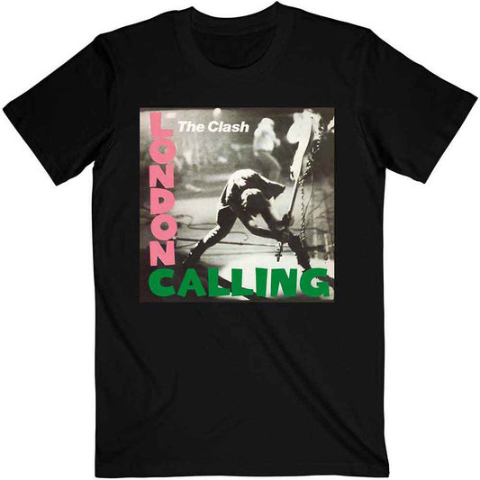 Lizensiertes The Clash London Calling Bandshirt mit pink-grüner London Calling-Aufschrift, sowie schwarz-weißem Konzertfotoprint