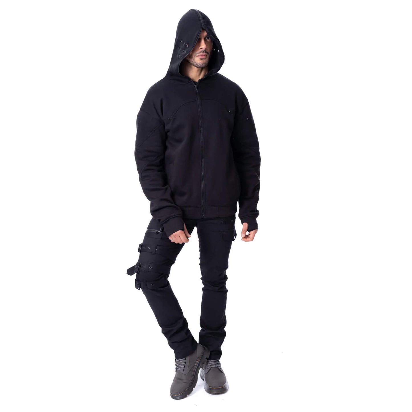 Schwarze Kapuzenjacke CROWE HOOD mit verschließbarer Kapuze von Poizen Industries
