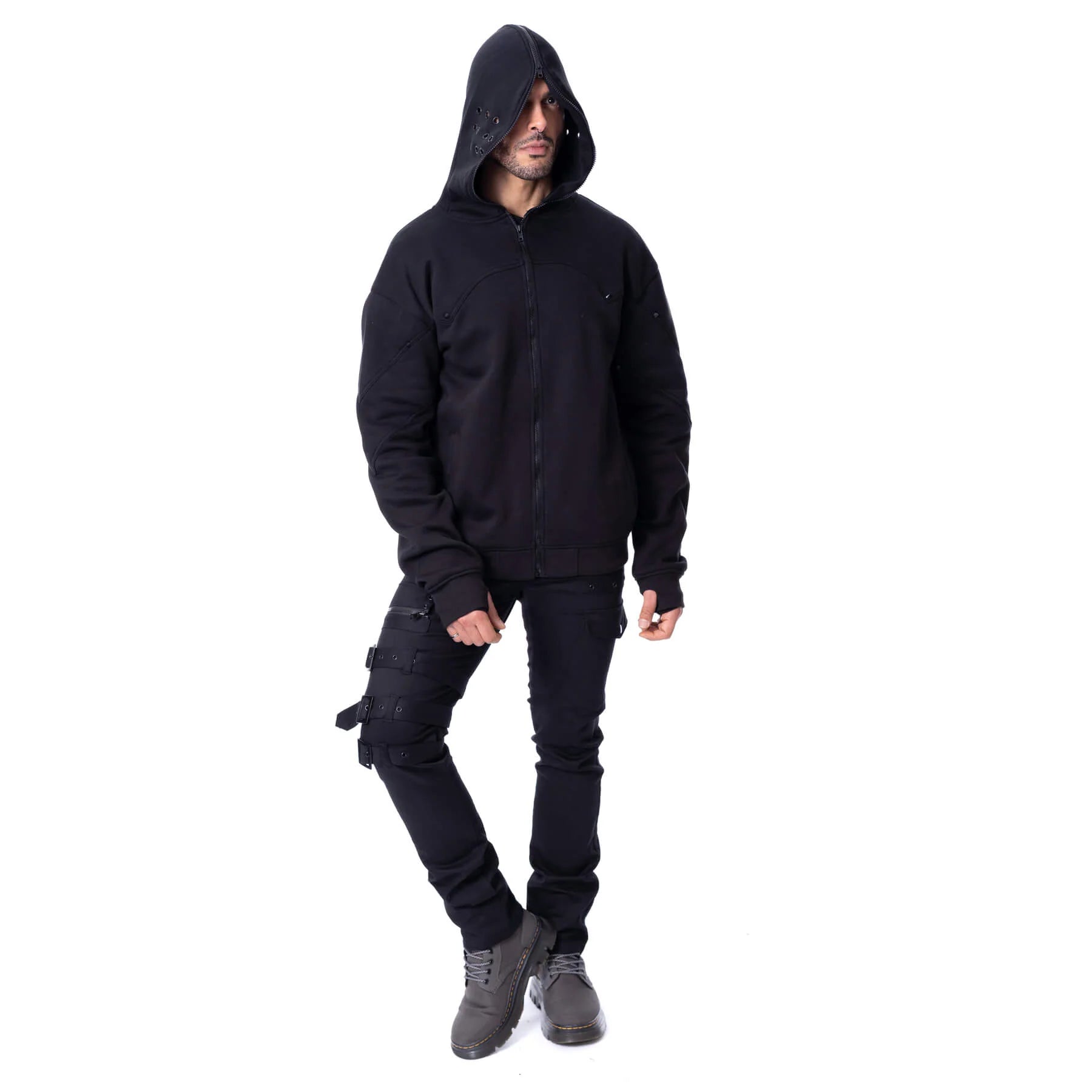 Schwarze Kapuzenjacke CROWE HOOD mit verschließbarer Kapuze von Poizen Industries