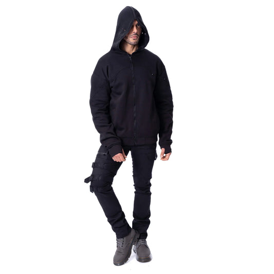 Schwarze Kapuzenjacke CROWE HOOD mit verschließbarer Kapuze von Poizen Industries
