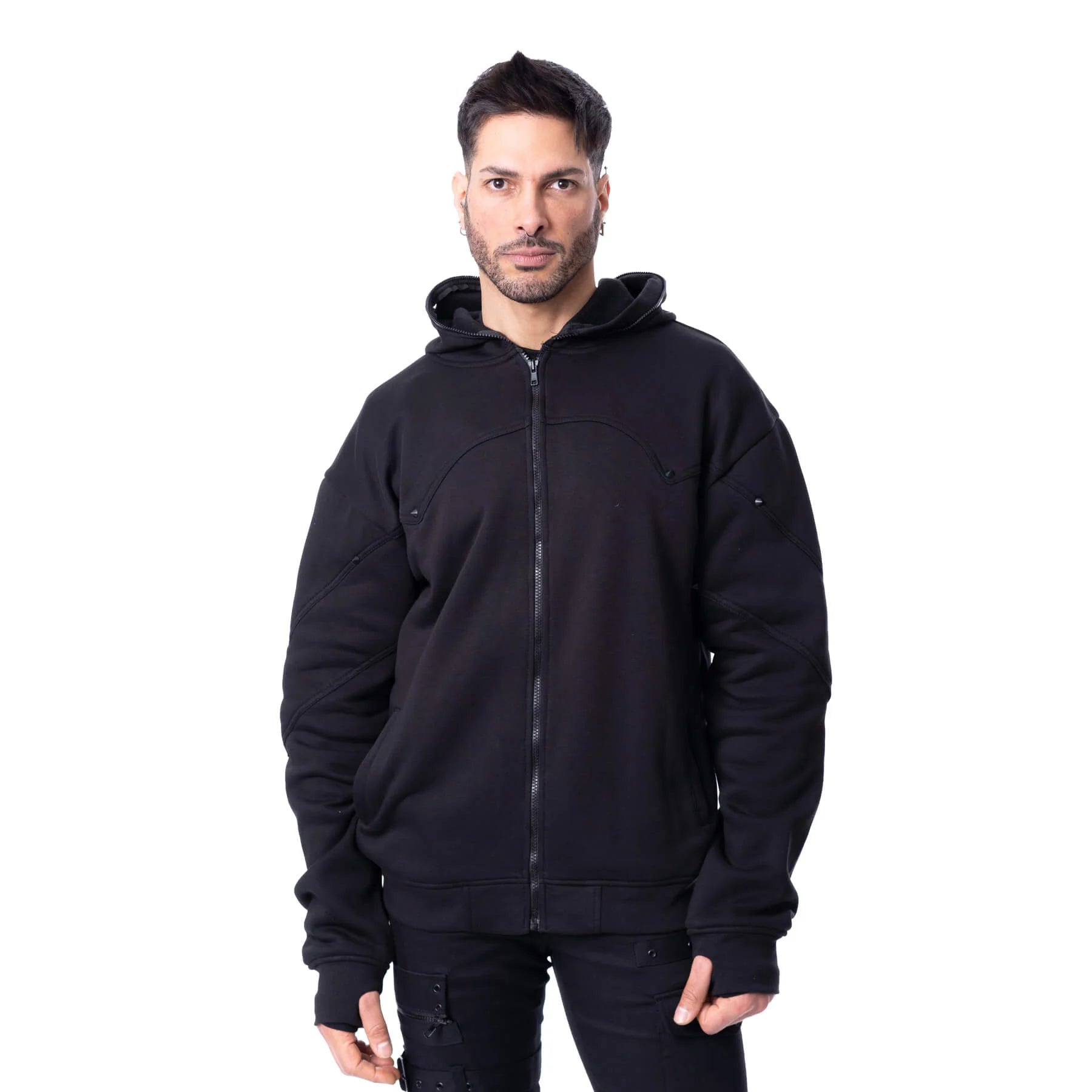 Schwarze Kapuzenjacke CROWE HOOD mit verschließbarer Kapuze von Poizen Industries