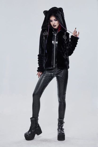 Schwarze Jacke Ursa Faux Fur Jacket mit Kunstleder und Kunstfellelementen von Devil Fashion